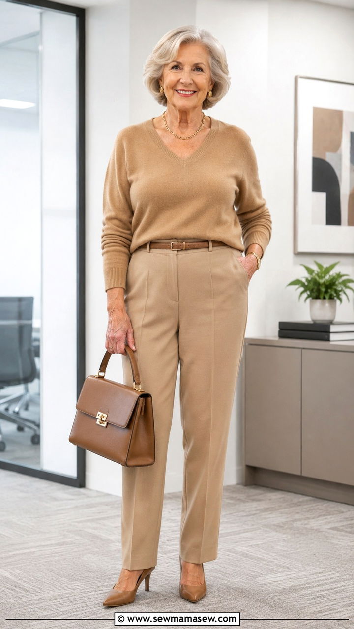 V Neck Sweater and Tailored Trousers Outfit - 25 Plus size outfit ideas for women over 70