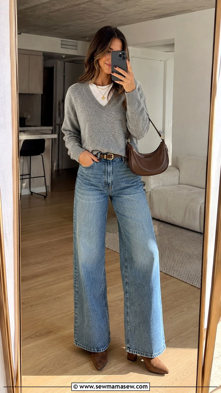 V Neck Sweater and Wide Leg Jeans With Heeled Booties - 25 Wide leg jeans outfit ideas with a sweater
