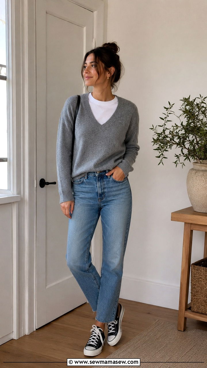 V Neck Sweater over White Tee with Straight Leg Jeans - 20 Old money outfit ideas Gwyneth Paltrow