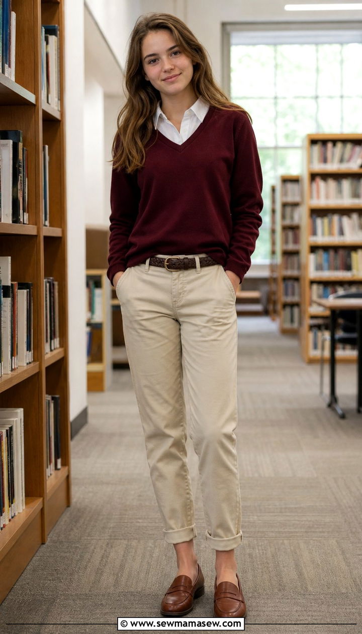 V Neck Sweater with Collared Shirt and Relaxed Chinos Outfit - 35 Back to school outfit ideas 10th grade