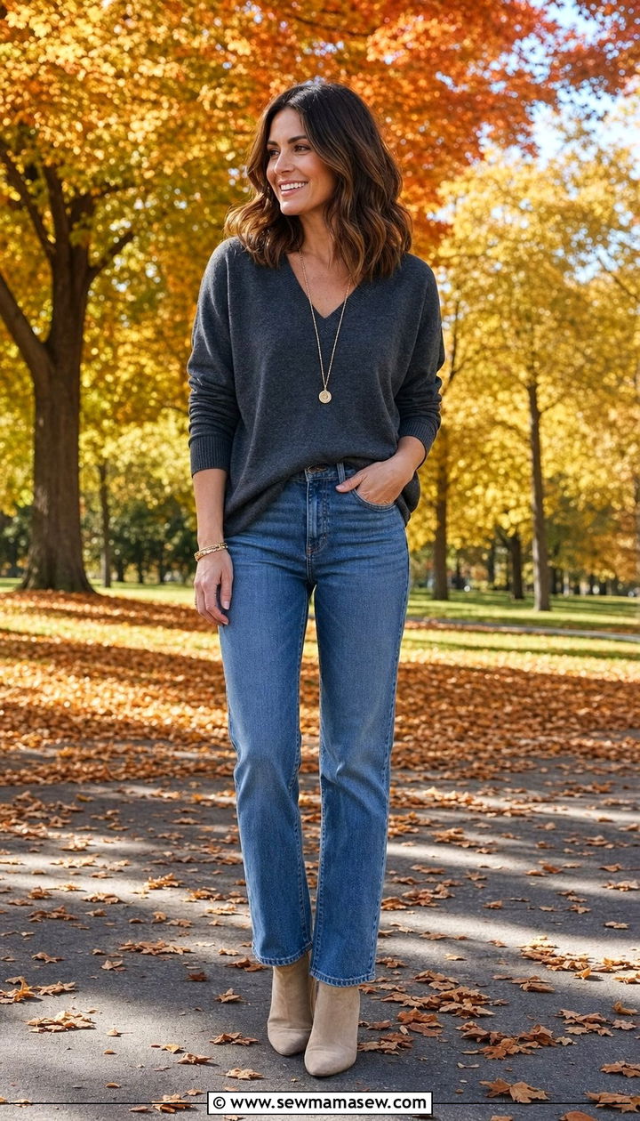 V Neck Sweater with Straight Leg Jeans Outfit - 25 Cute outfits for inverted triangle shape
