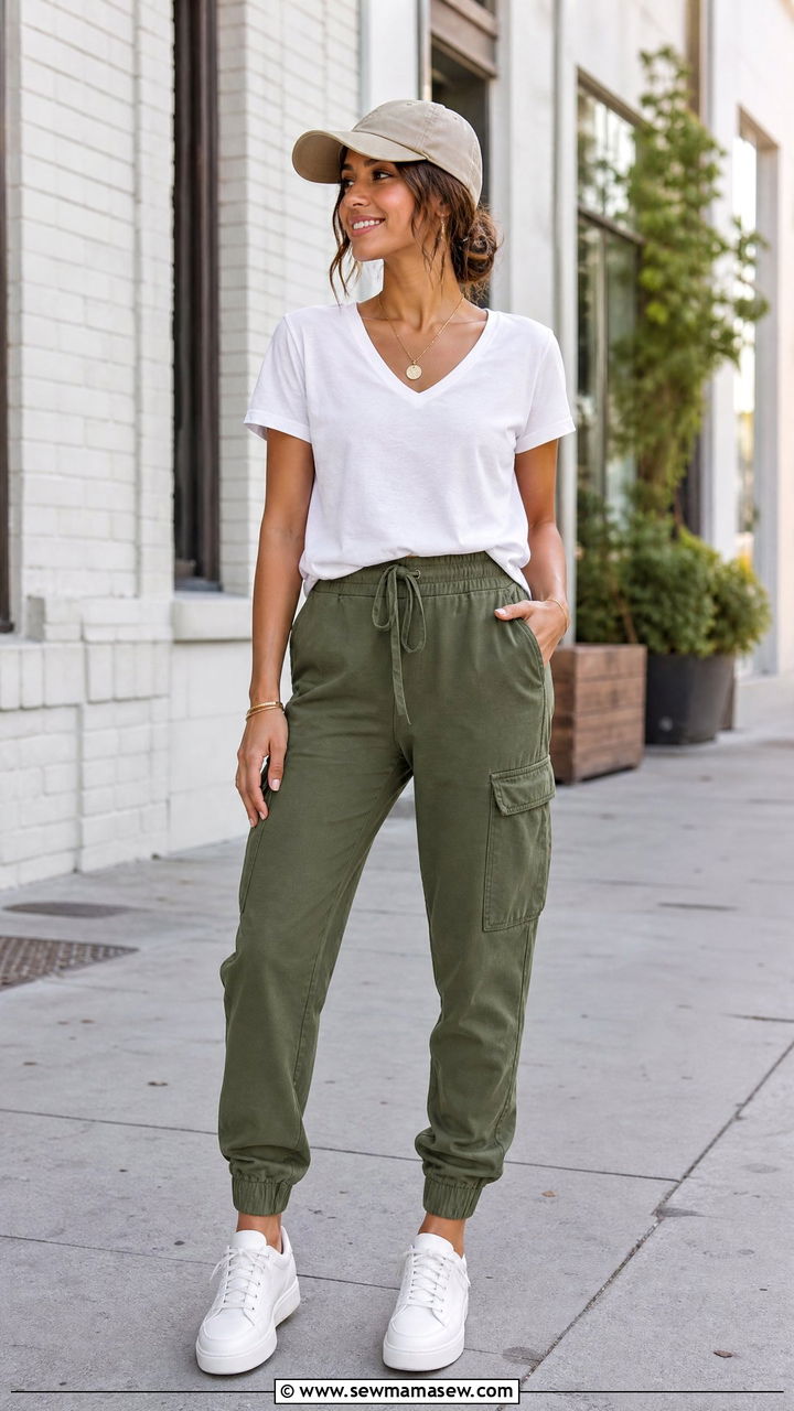 V Neck Tee and Cargo Pants Lounge Outfit Petite - 25 Loungewear outfit ideas petite