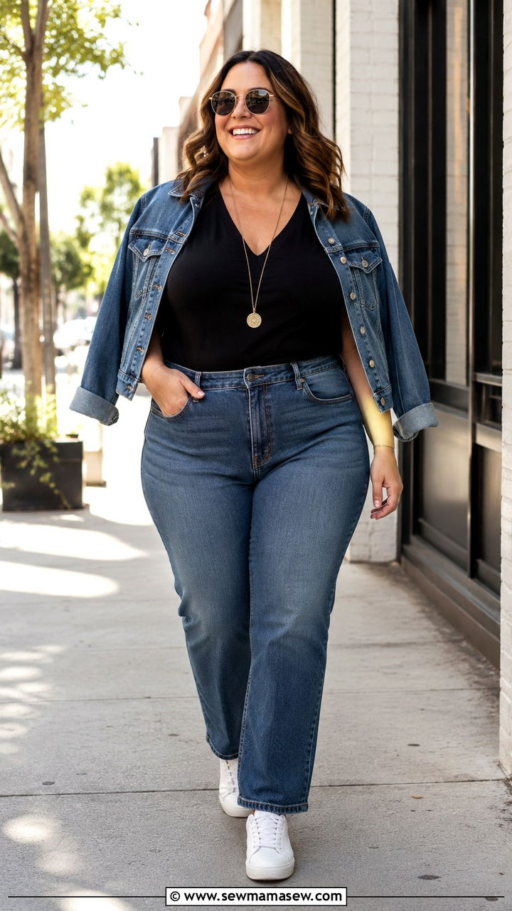 V Neck Tee and High Waisted Straight Leg Jeans - 25 Outfit ideas for apple shape 2026