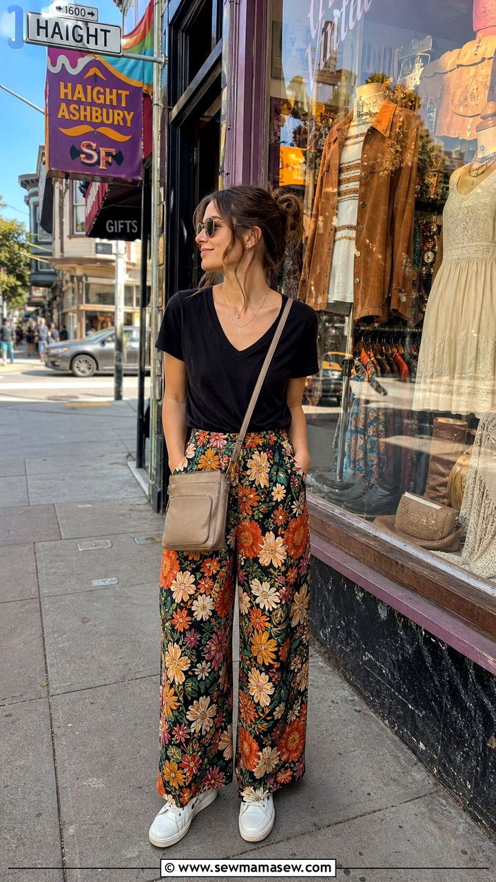 V Neck Tee with Floral Wide Leg Pants - 40 What to wear in San Francisco