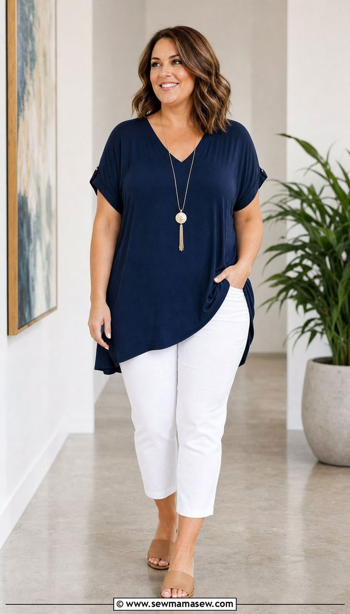 V Neck Tunic With Slim Cut Cropped Pants - 25 Summer outfits for apple shape