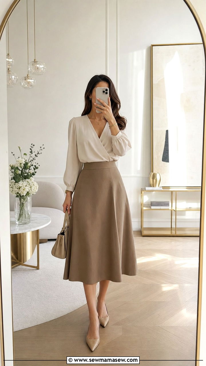V Neck Wrap Blouse With A Line Midi Skirt - 25 classy outfits for women with tummy