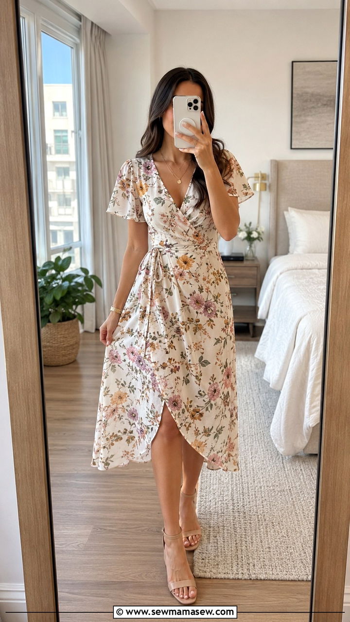V Neck Wrap Dress With Block Heels - 20 Outfit ideas for inverted triangle body