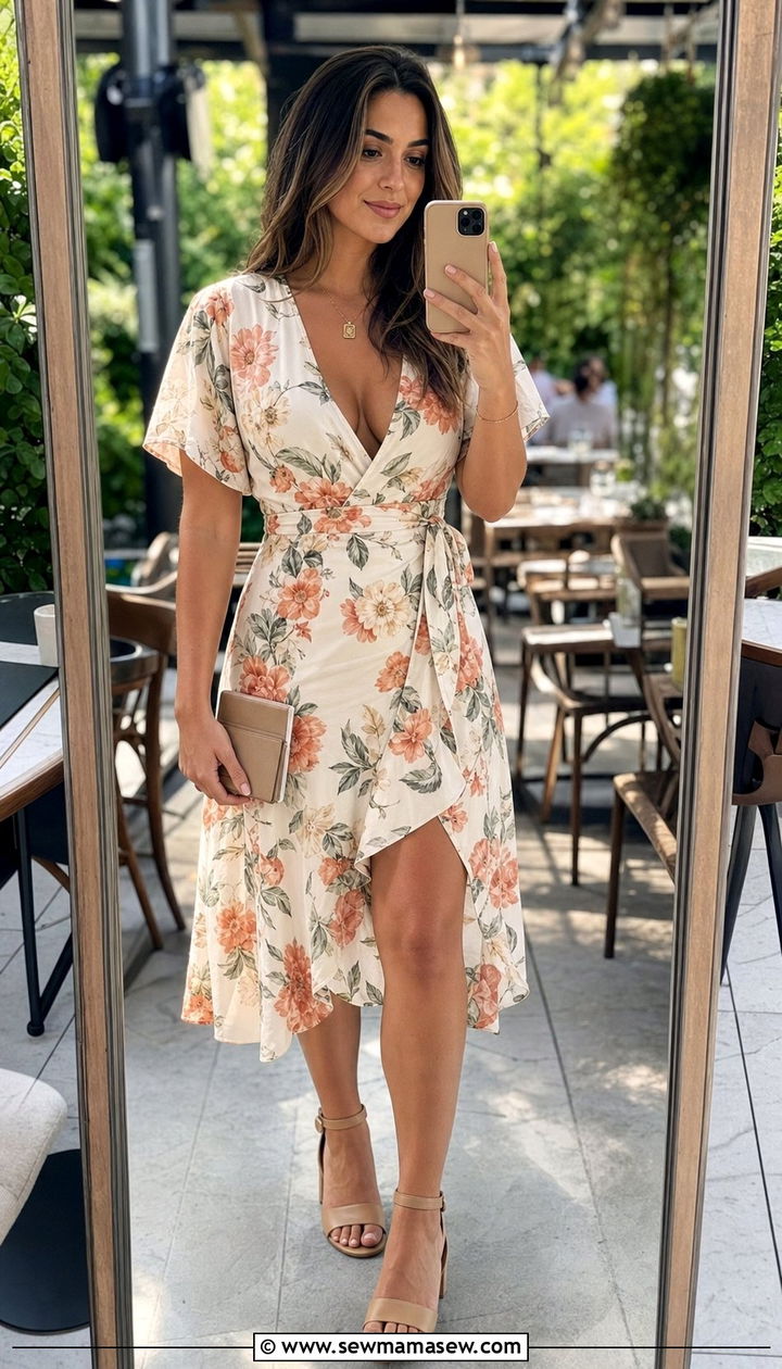 V Neck Wrap Dress With Heeled Sandals - 25 summer outfits for short torso women