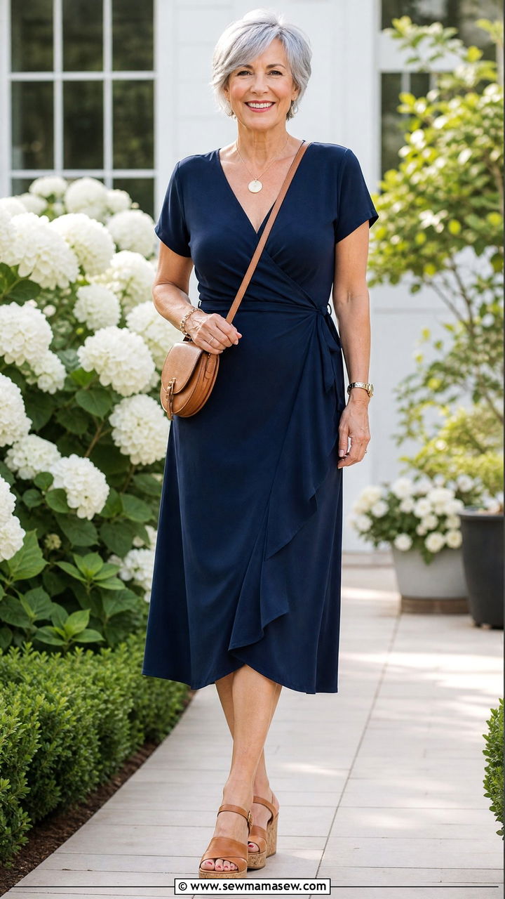 V Neck Wrap Dress With Wedge Sandals - 20 Apple shape outfits for women over 50