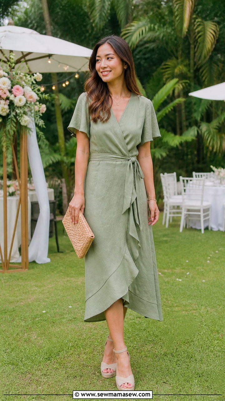 V Neck Wrap Dress with Wedge Sandals and a Clutch - 40 What to wear in Singapore