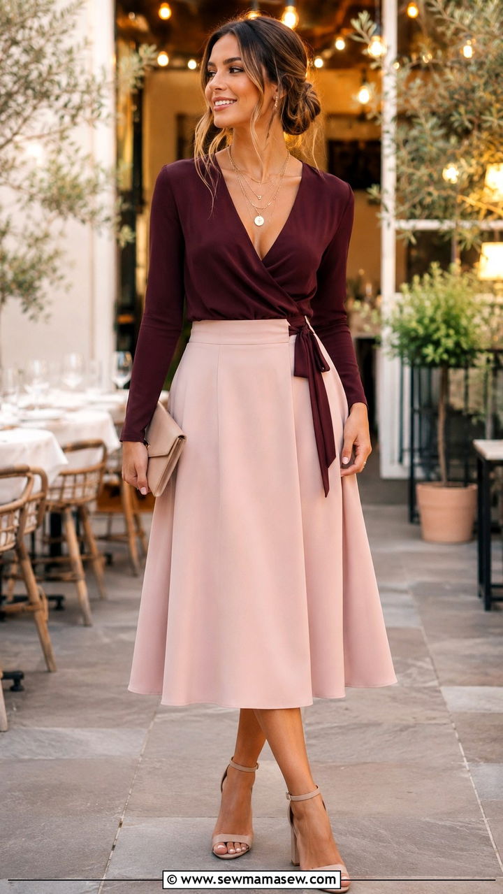 V Neck Wrap Top With A Line Midi Skirt - 25 Outfit ideas to create hourglass