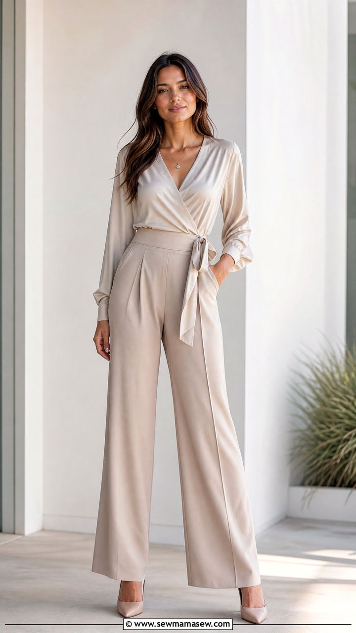 V Neck Wrap Top With Wide Leg Trousers Outfit For Short Torso - 25 Outfits for short torso women