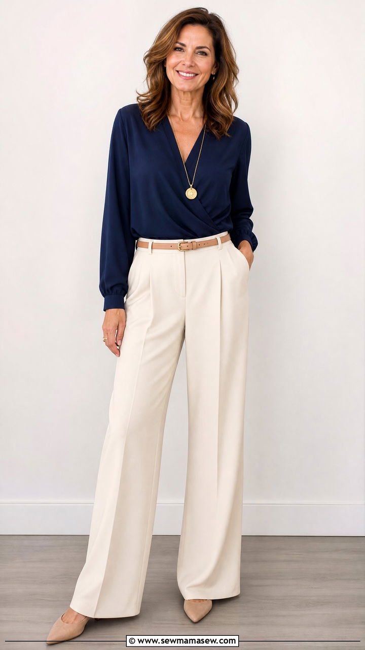 V Neck Wrap Top With Wide Leg Trousers Outfit - 20 Outfit ideas for inverted triangle over 40