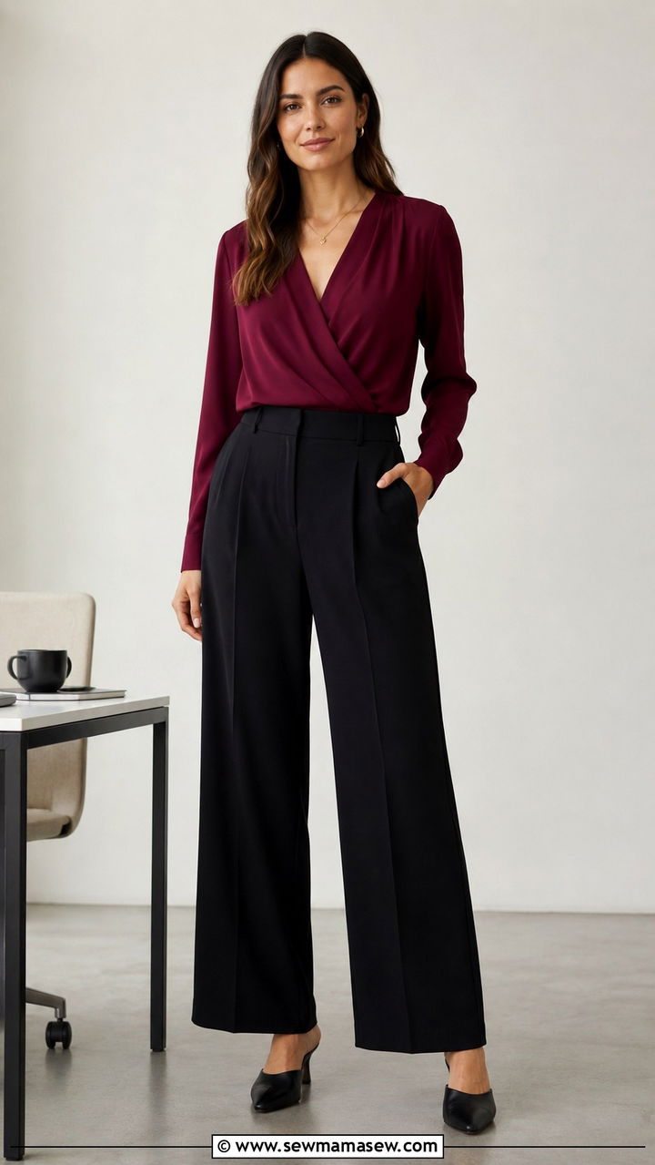 V Neck Wrap Top with Dark Wide Leg Trousers and Mules - 25 work outfits for pear shaped body