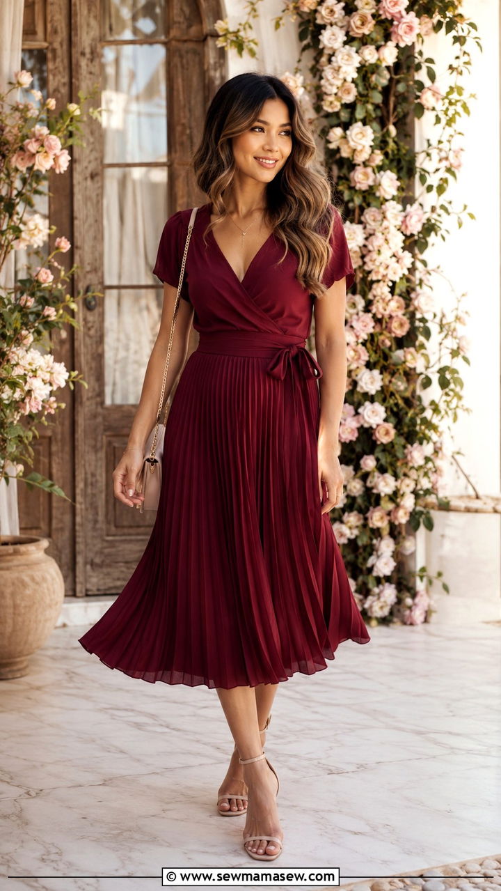 V Neck Wrap Top with Pleated Midi Skirt - 25 Petite outfit ideas with pear shape