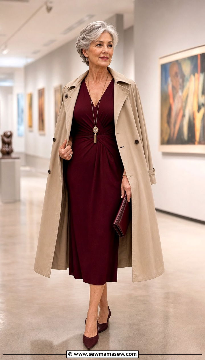 V neck Midi Dress With A Pendant Necklace - 25 Dress outfit ideas for women over 60