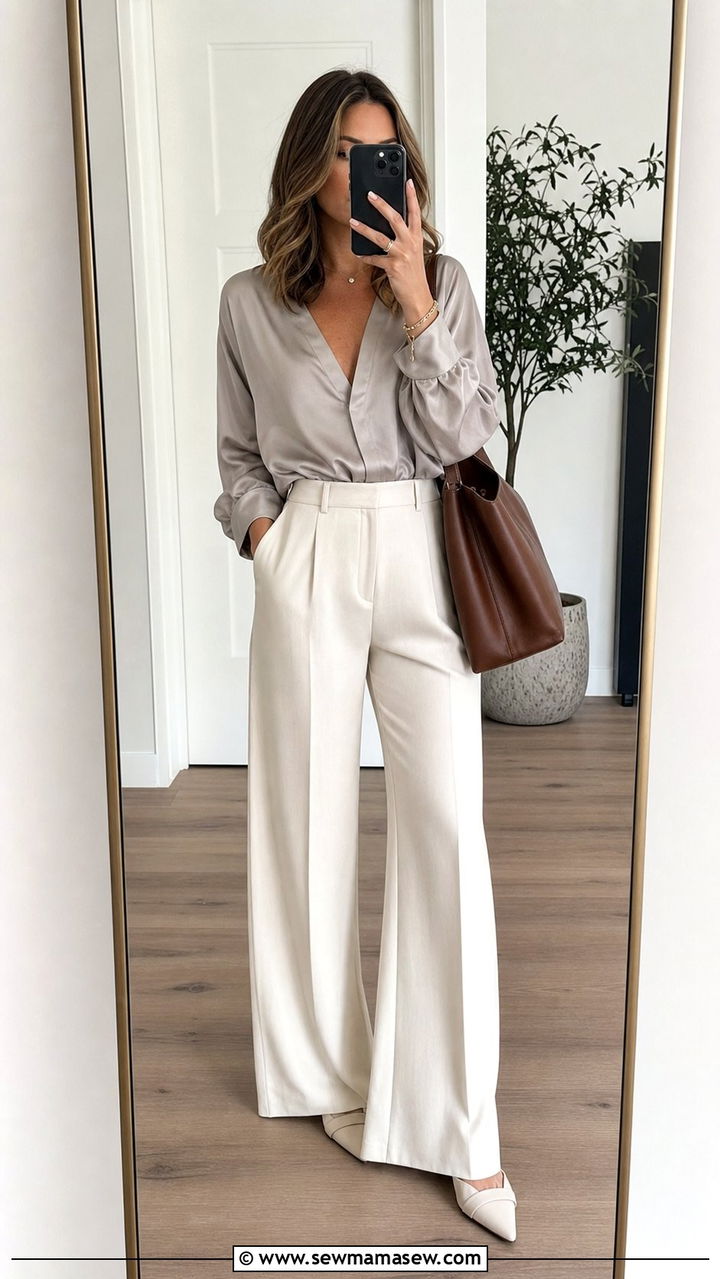 V neck blouse and wide leg pants outfit - 25 Spring outfits for big bust