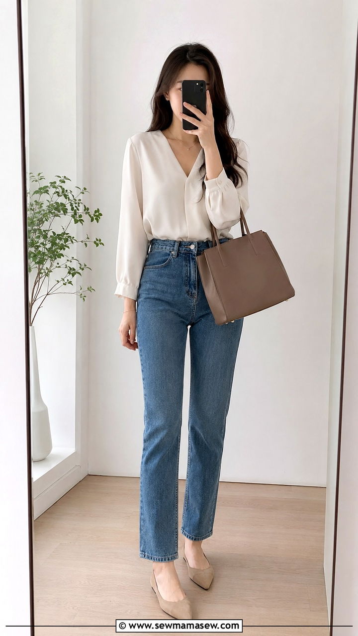 V neck blouse with straight leg jeans - 30 Outfit ideas for apple shape