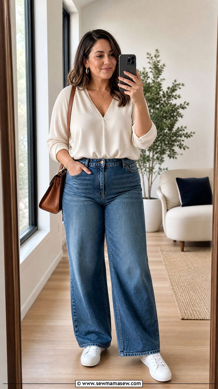 V neck blouse with wide leg jeans - 25 casual outfits for apple shaped body