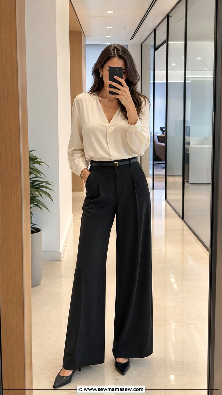 V neck blouse with wide leg trousers - 25 Flattering outfits for big bust