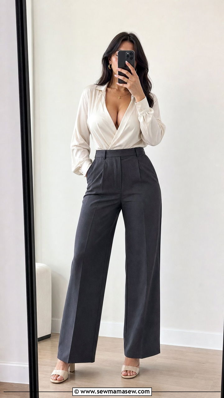 V neck blouse with wide leg trousers for large bust - 25 classy outfits for women with big bust