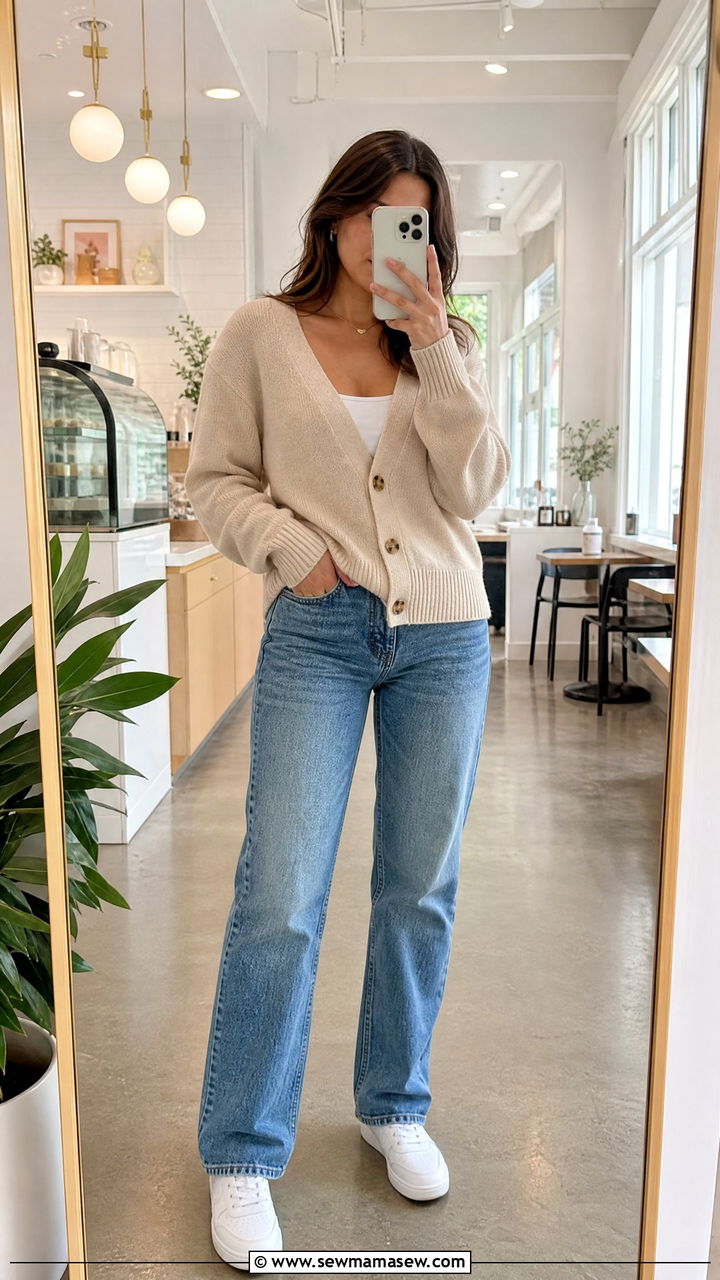 V neck cardigan and straight leg jeans outfit for broad shoulders - 25 Outfits for broad shoulders