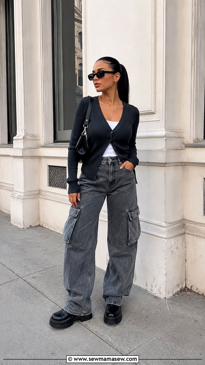 V neck cardigan with high waisted cargo jeans - 30 High waisted jeans outfit ideas with a cardigan