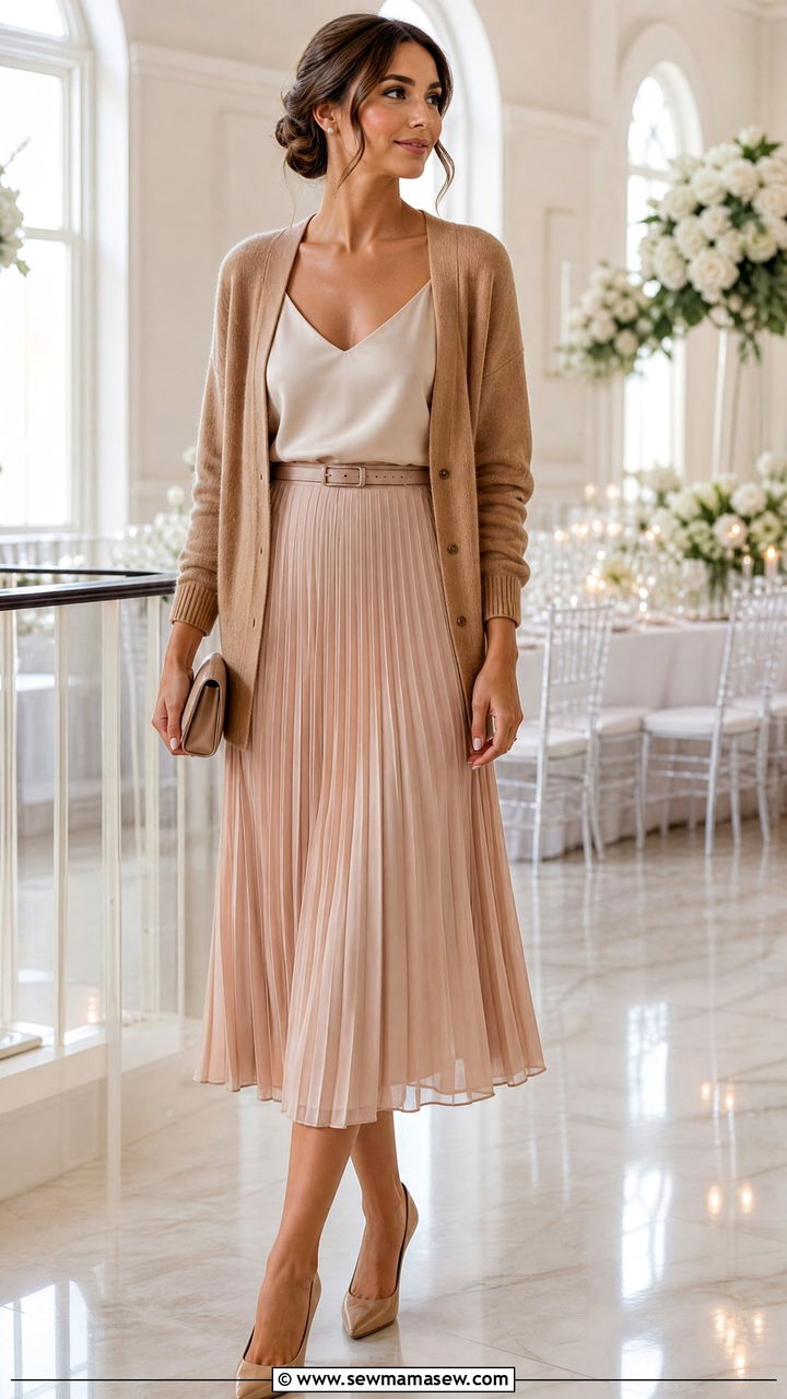 V neck cardigan with silk camisole and pleated skirt wedding - 25 How to style a cardigan for a wedding