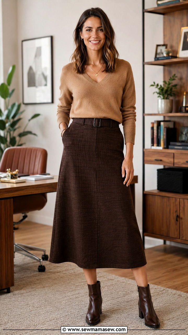 V neck cashmere sweater with A line skirt and ankle boots - 25 Recruiter outfit ideas