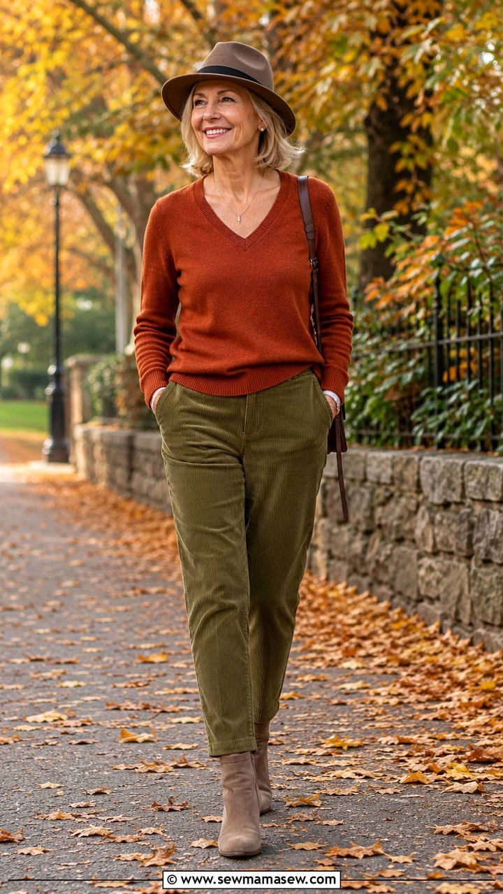 V neck cashmere sweater with corduroy pants - 30 Chic outfits for women over 60