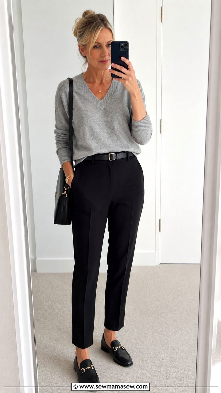 V neck cashmere sweater with tailored black pants - 25 Modest outfits for women over 60