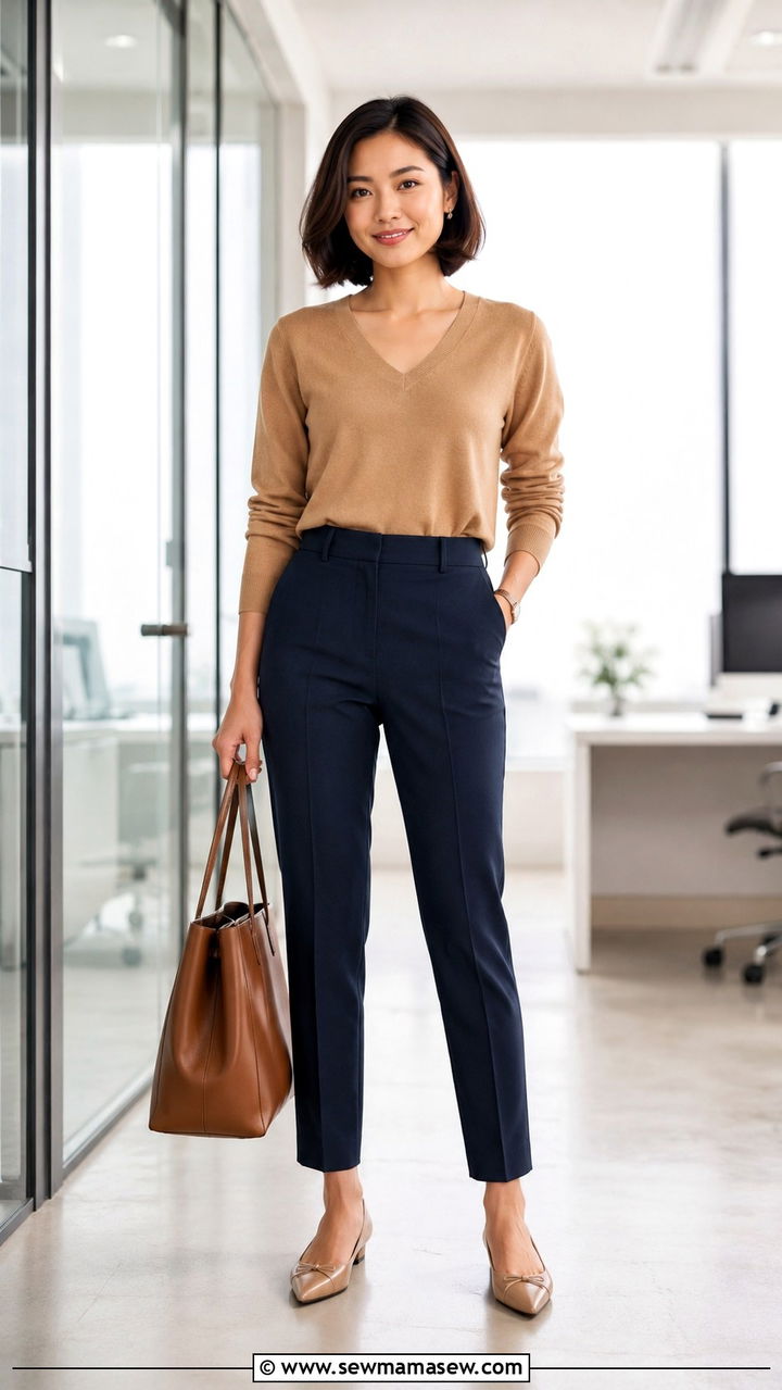 V neck fine knit sweater with ankle length trousers outfit - 25 Petite outfit ideas with long torso