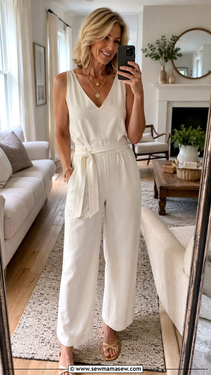 V neck jumpsuit with layered necklace - 30 Jumpsuit outfit ideas for women over 50