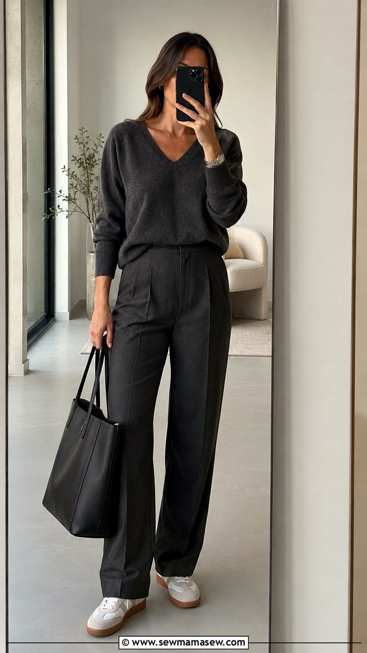 V neck knit and darted trousers outfit - 25 Trendy outfits 2026