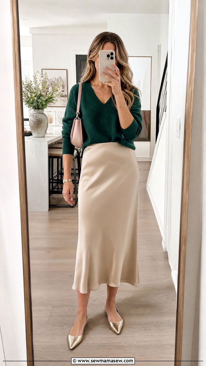 V neck knit and satin midi skirt ensemble - 30 Modest capsule wardrobe 2026