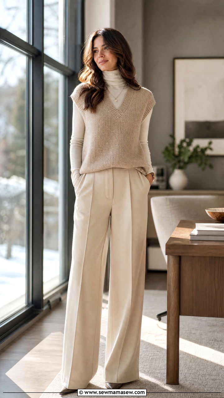 V neck knit vest over turtleneck with wide leg pants - 25 Business casual outfits with vest