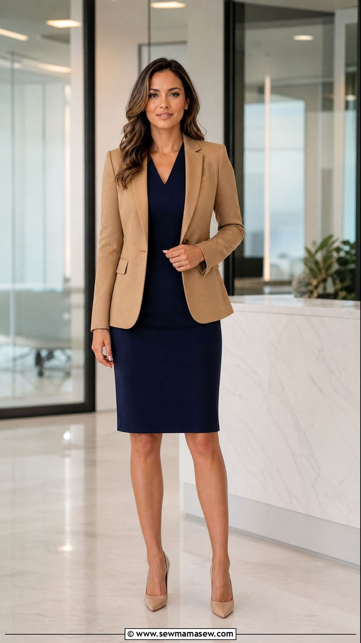 V neck sheath dress with a tailored blazer - 25 Flattering outfits for big bust
