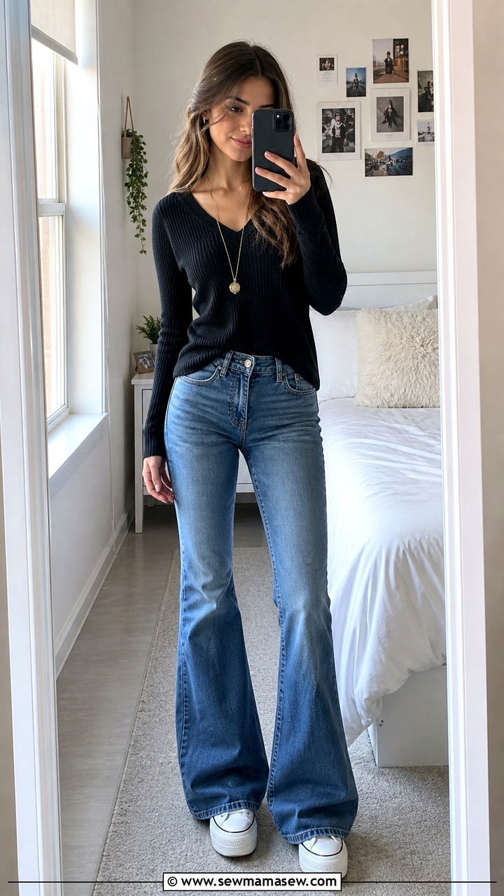 V neck sweater and flared jeans outfit - 40 school outfits ideas