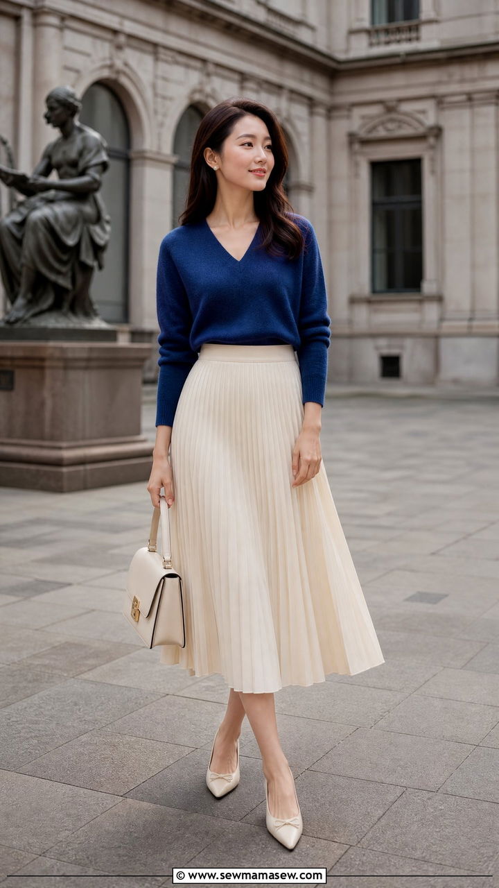 V neck sweater and pleated midi skirt outfit - 35 Modern preppy outfit ideas