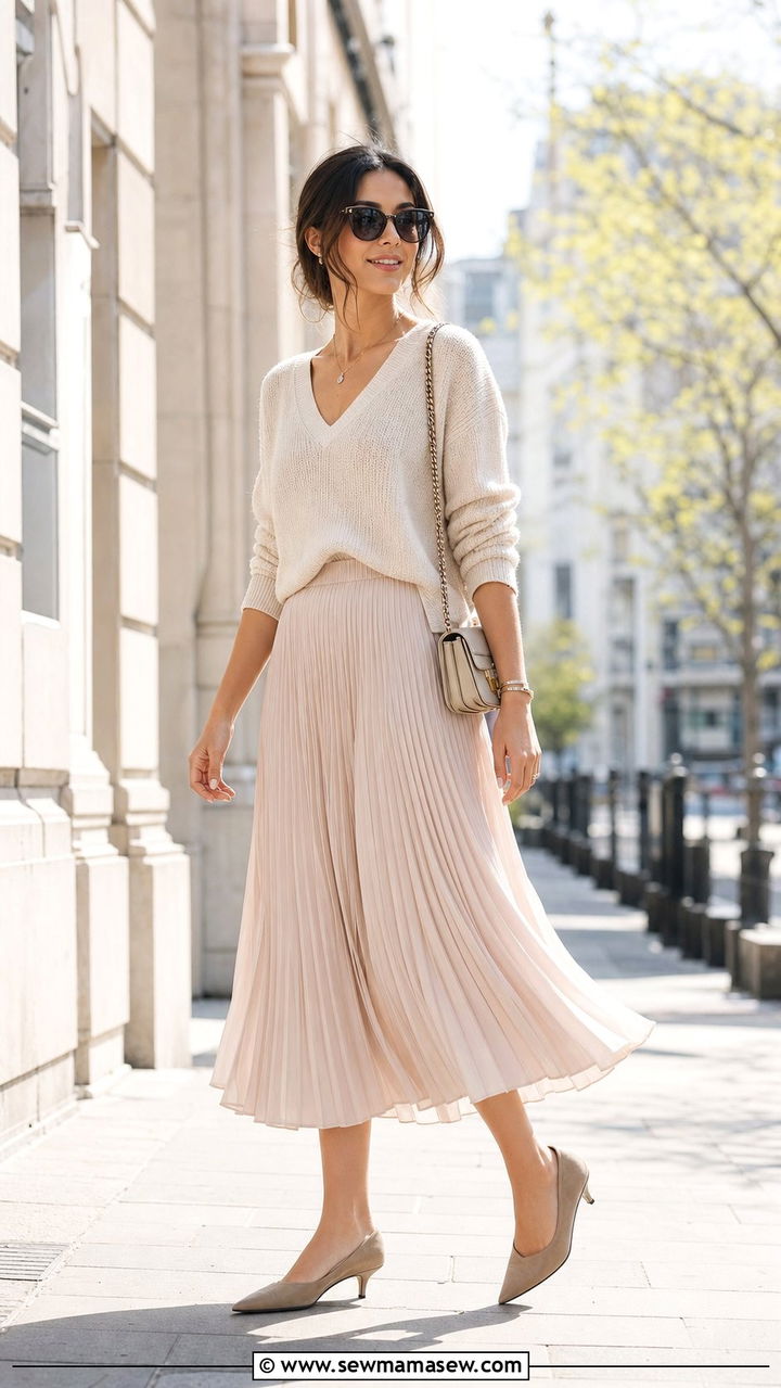 V neck sweater and pleated midi skirt spring look - 25 spring outfits for inverted triangle body