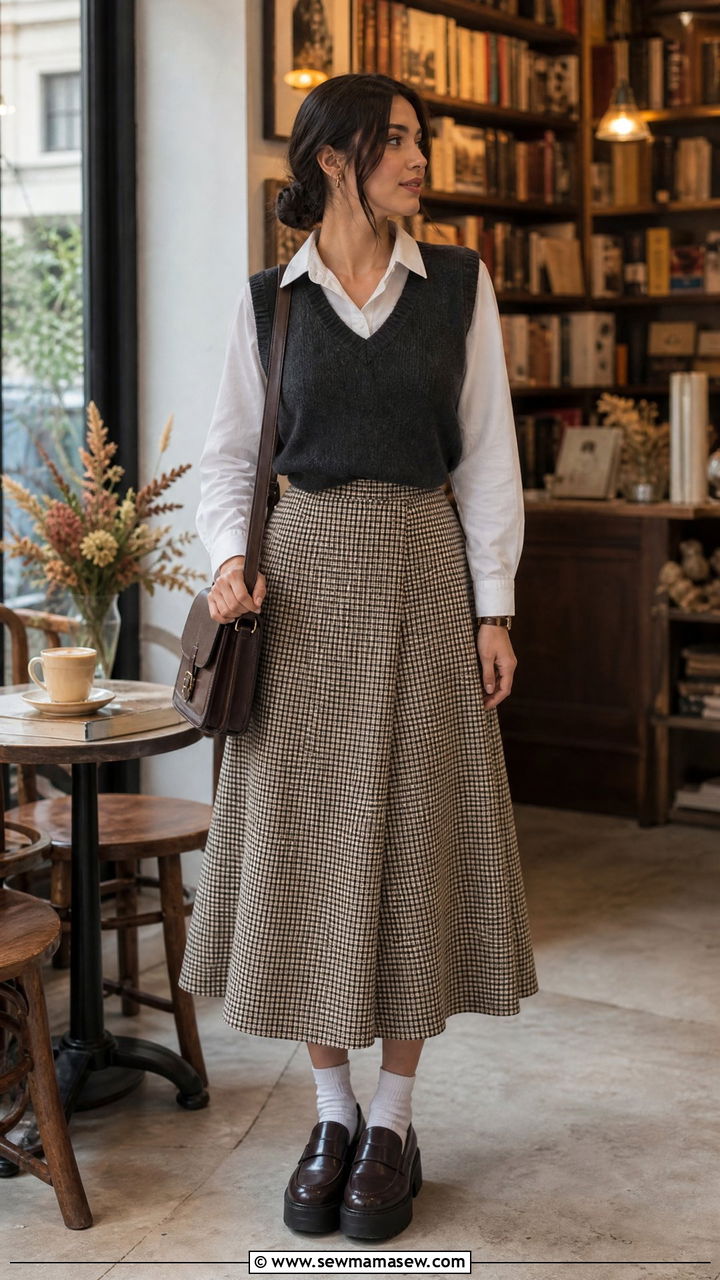 V neck sweater vest and collared shirt with midi skirt - 30 modest brunch outfit ideas