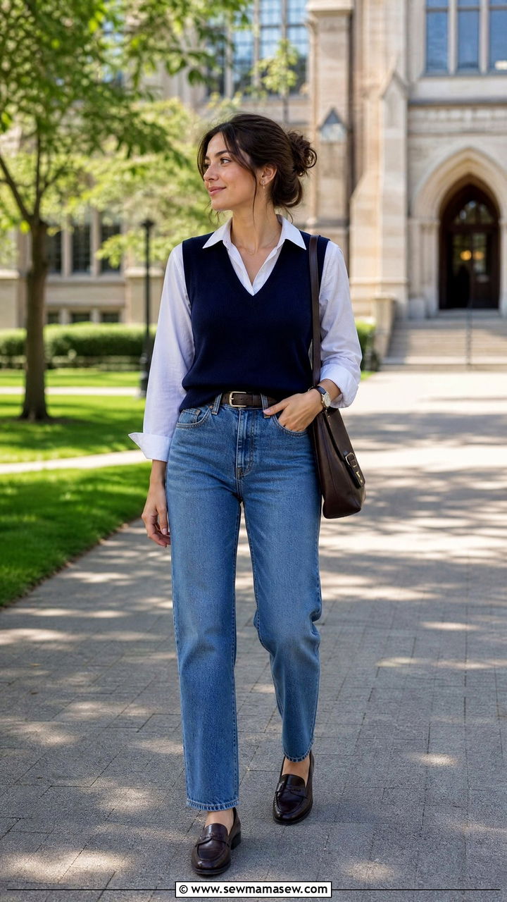 V neck sweater vest layered over a collared shirt and jeans - 25 Flattering outfits for small bust