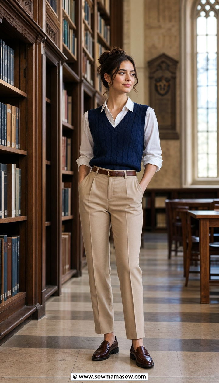 V neck sweater vest over a collared shirt with trousers and loafers - 25 Study abroad outfit ideas
