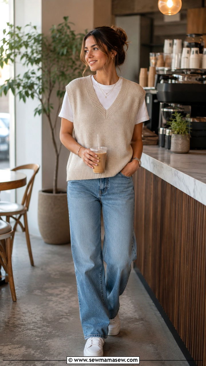 V neck sweater vest with relaxed fit jeans - 25 nurse off duty outfit ideas