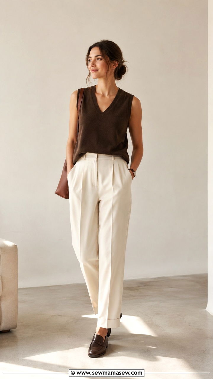 V neck sweater vest with tailored trousers outfit - 30 transitional work outfit ideas