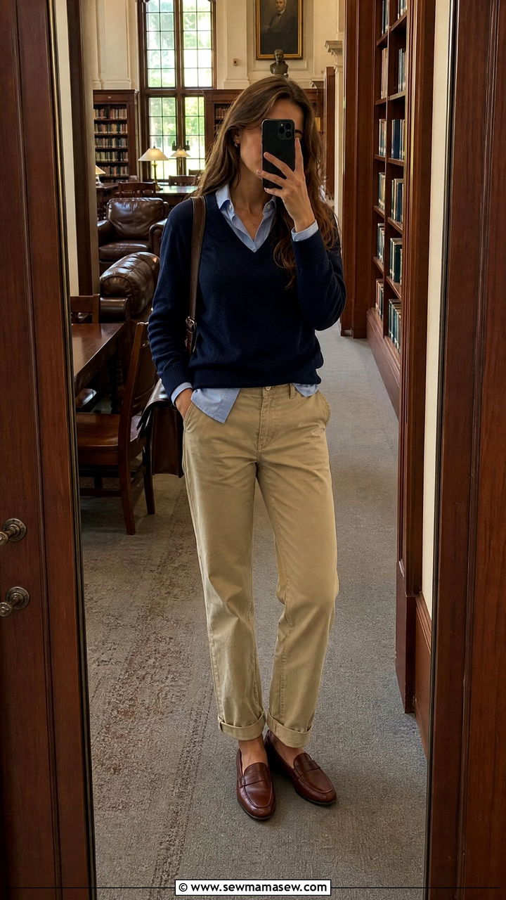V neck sweater with a collared shirt and chinos - 30 College library outfit ideas