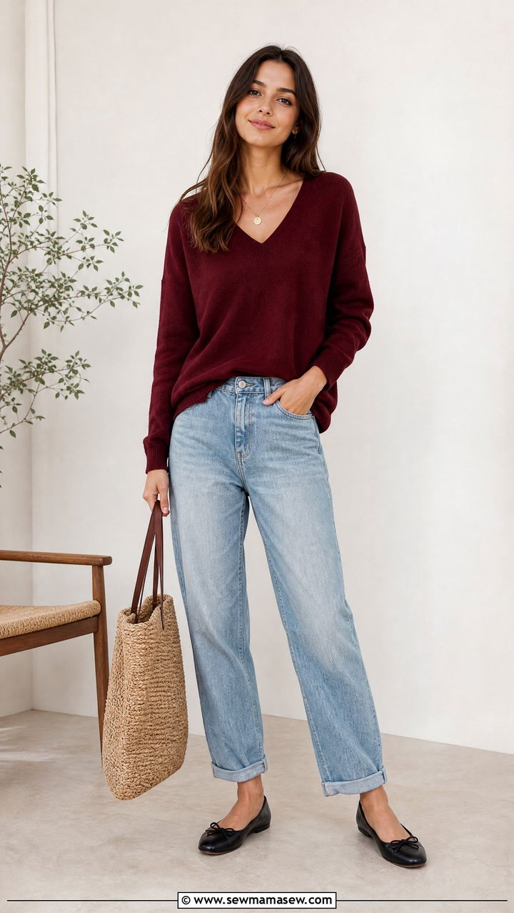 V neck sweater with boyfriend jeans and ballet flats - 25 Boyfriend jeans outfit ideas with a sweater