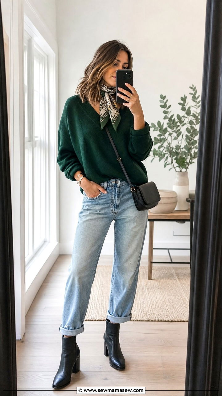 V neck sweater with boyfriend jeans scarf and ankle boots - 25 Boyfriend jeans outfit ideas with a sweater