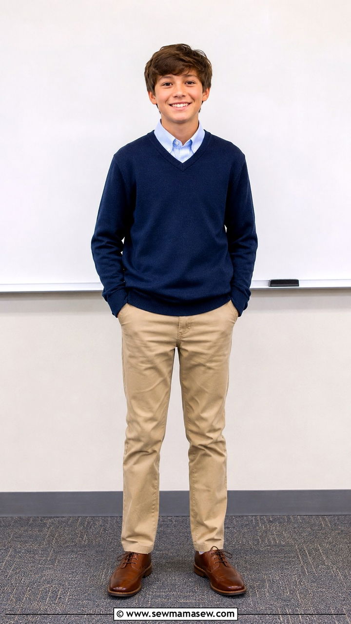 V neck sweater with khaki pants - 30 Middle school picture day outfit ideas