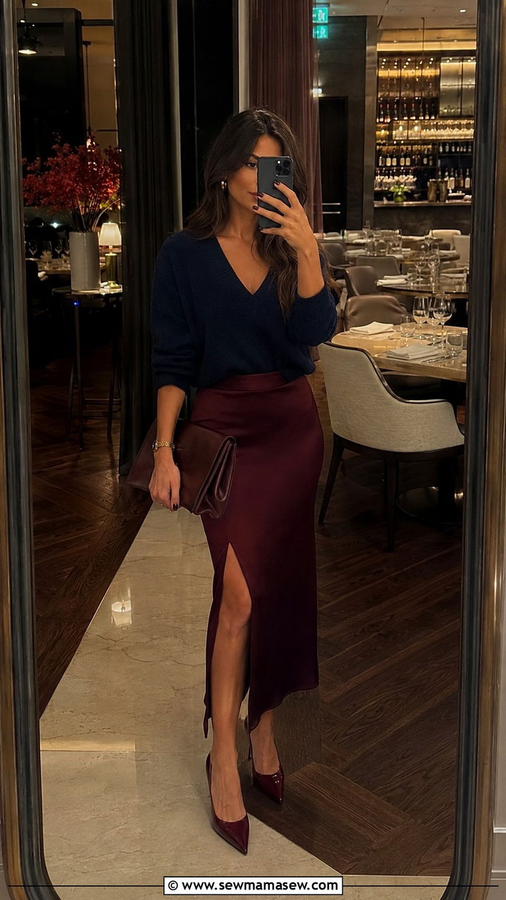 V neck sweater with midi skirt and pointed toe pumps - 30 Midi skirt outfit ideas with a sweater
